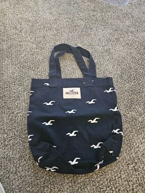 Hollister Navy Canvas Messenger Tote with White Logo Print